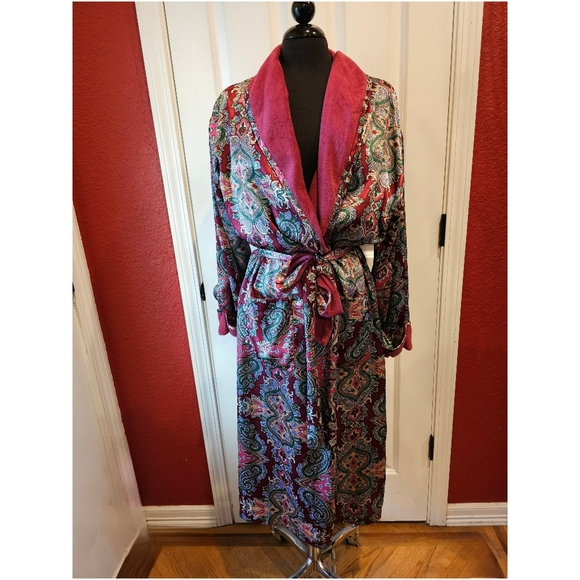 VICTORIA'S SECRET Vintage 90s Paisley Satin Terry Long Bath Robe sz M Womens Y2K - Picture 5 of 8